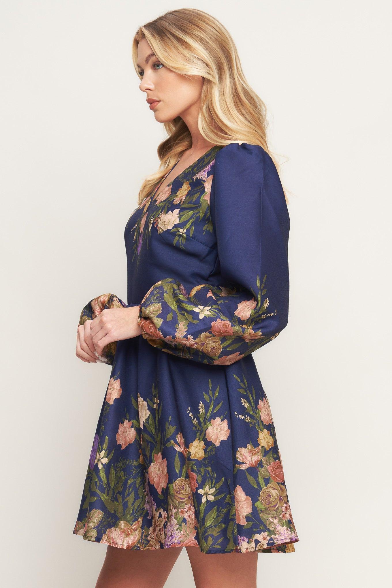 Nocturne in Bloom Woven Mini Dress in navy, view 4 — Soul Flow Apparel