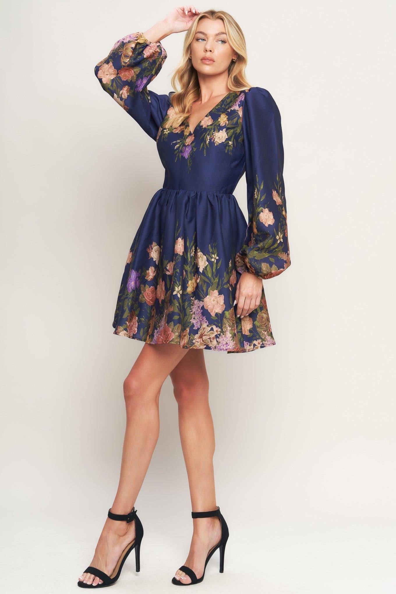 Nocturne in Bloom Woven Mini Dress in navy, view 6 — Soul Flow Apparel