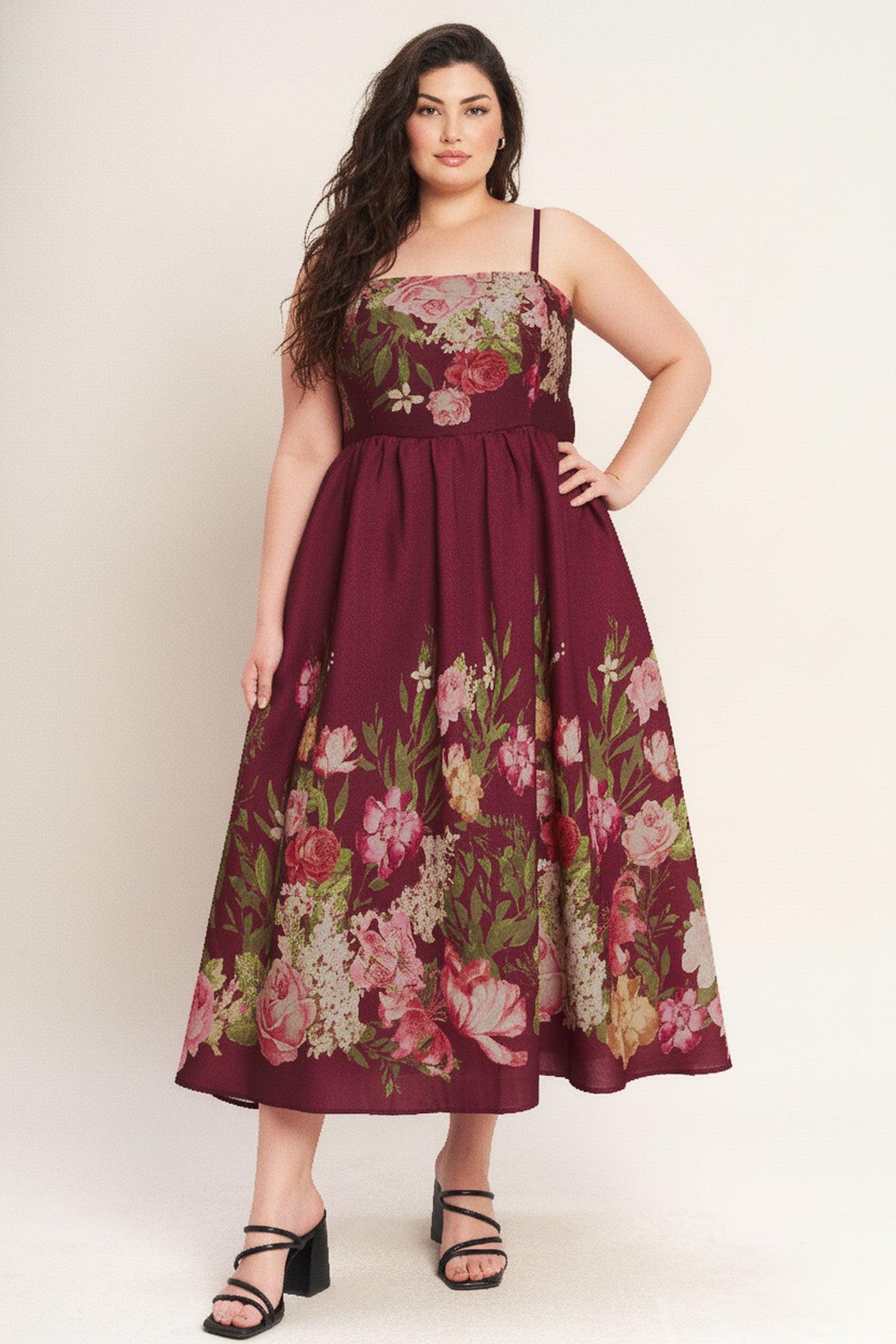 Secret Garden Romance Woven Ankle Dress in burgundy, view 5 — Soul Flow Apparel