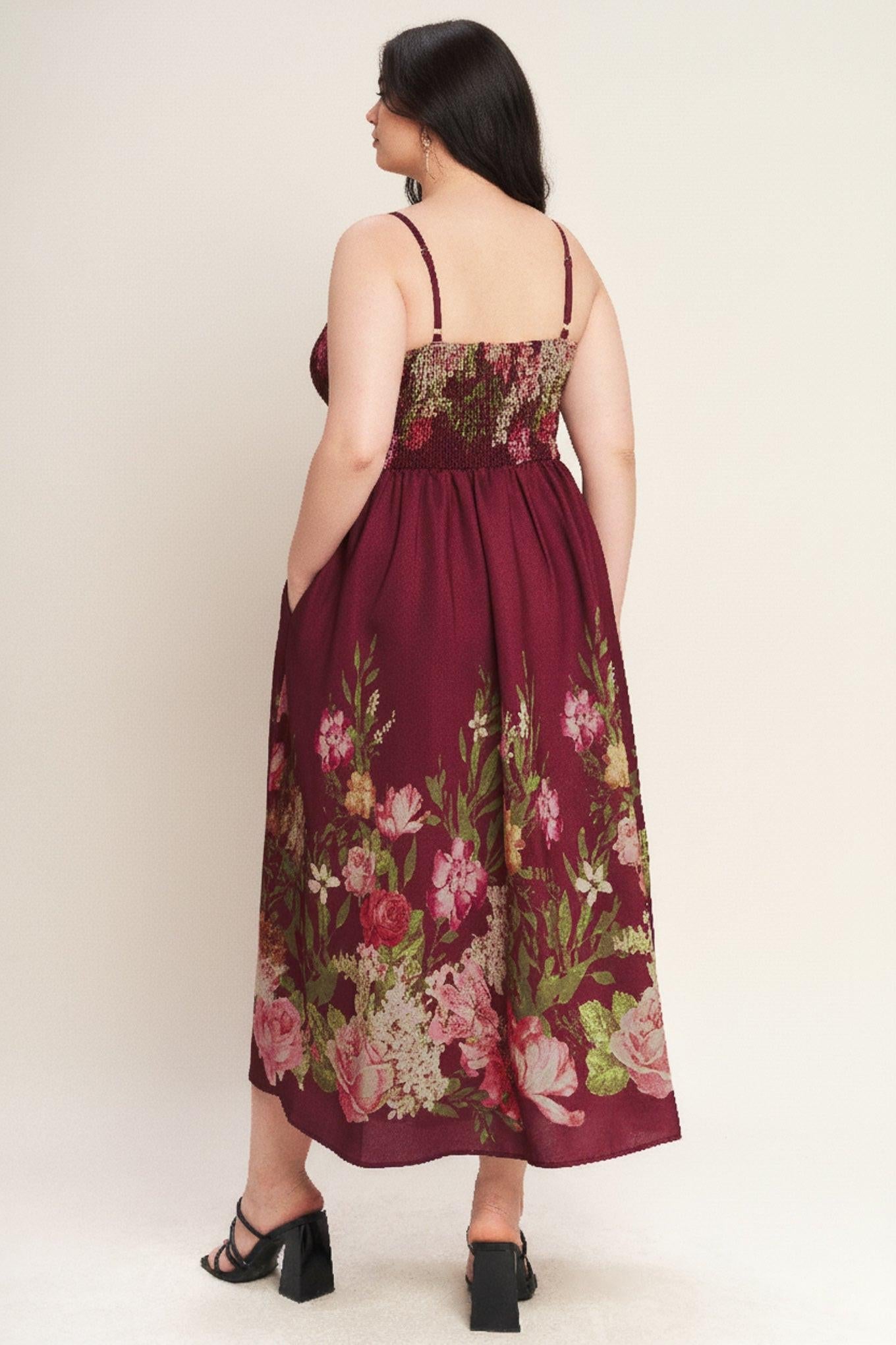 Secret Garden Romance Woven Ankle Dress in burgundy, view 6 — Soul Flow Apparel