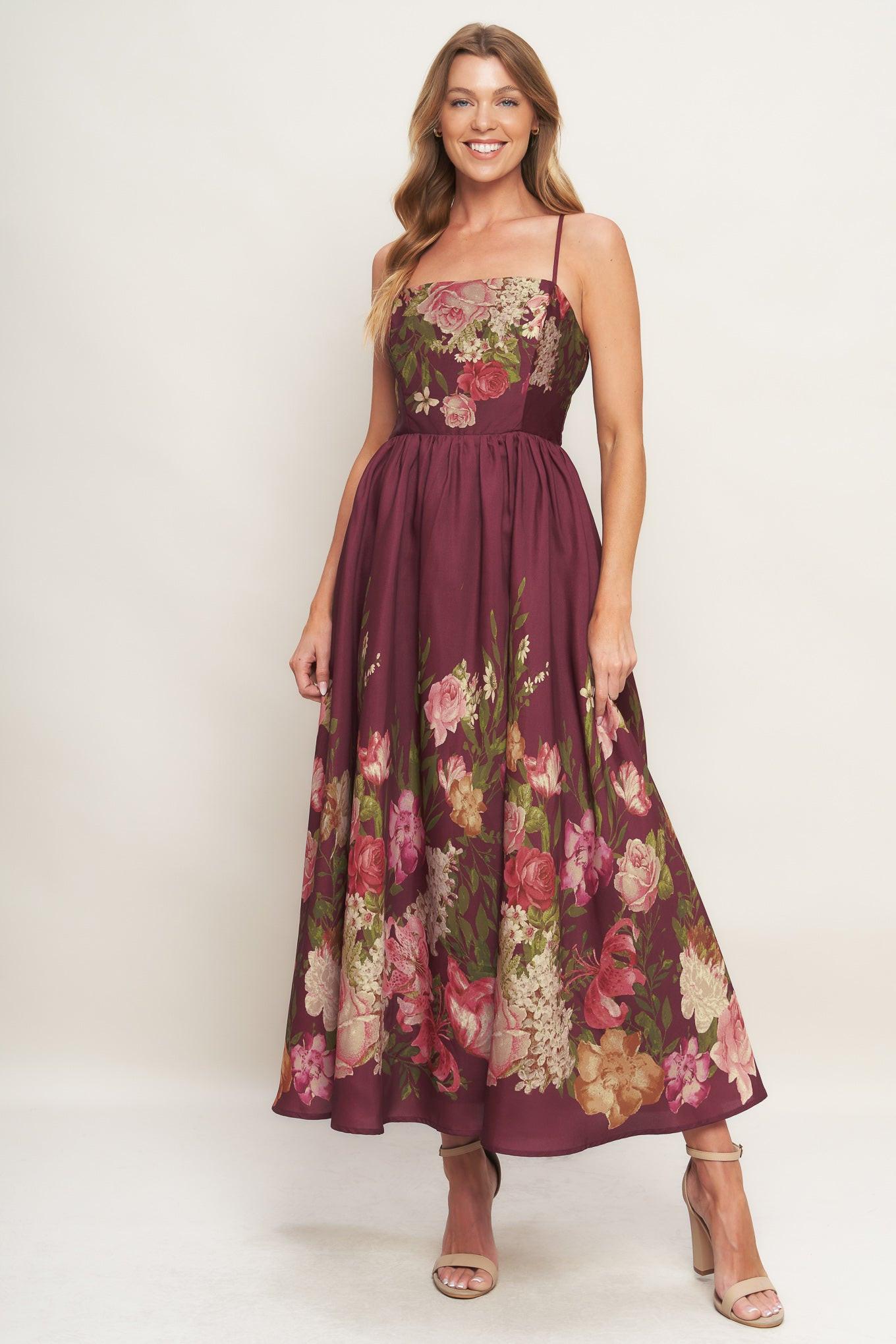 Secret Garden Romance Woven Ankle Dress in burgundy, view 1 — Soul Flow Apparel