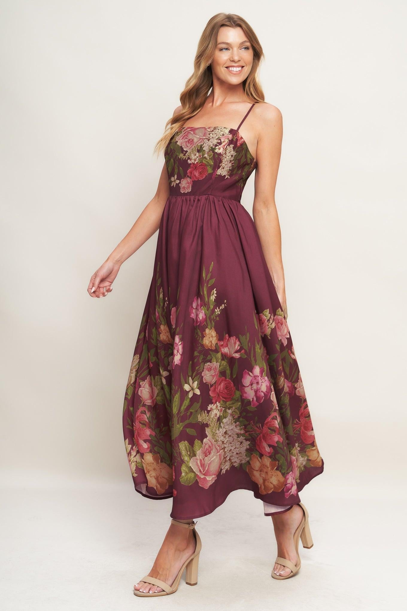 Secret Garden Romance Woven Ankle Dress in burgundy, view 4 — Soul Flow Apparel