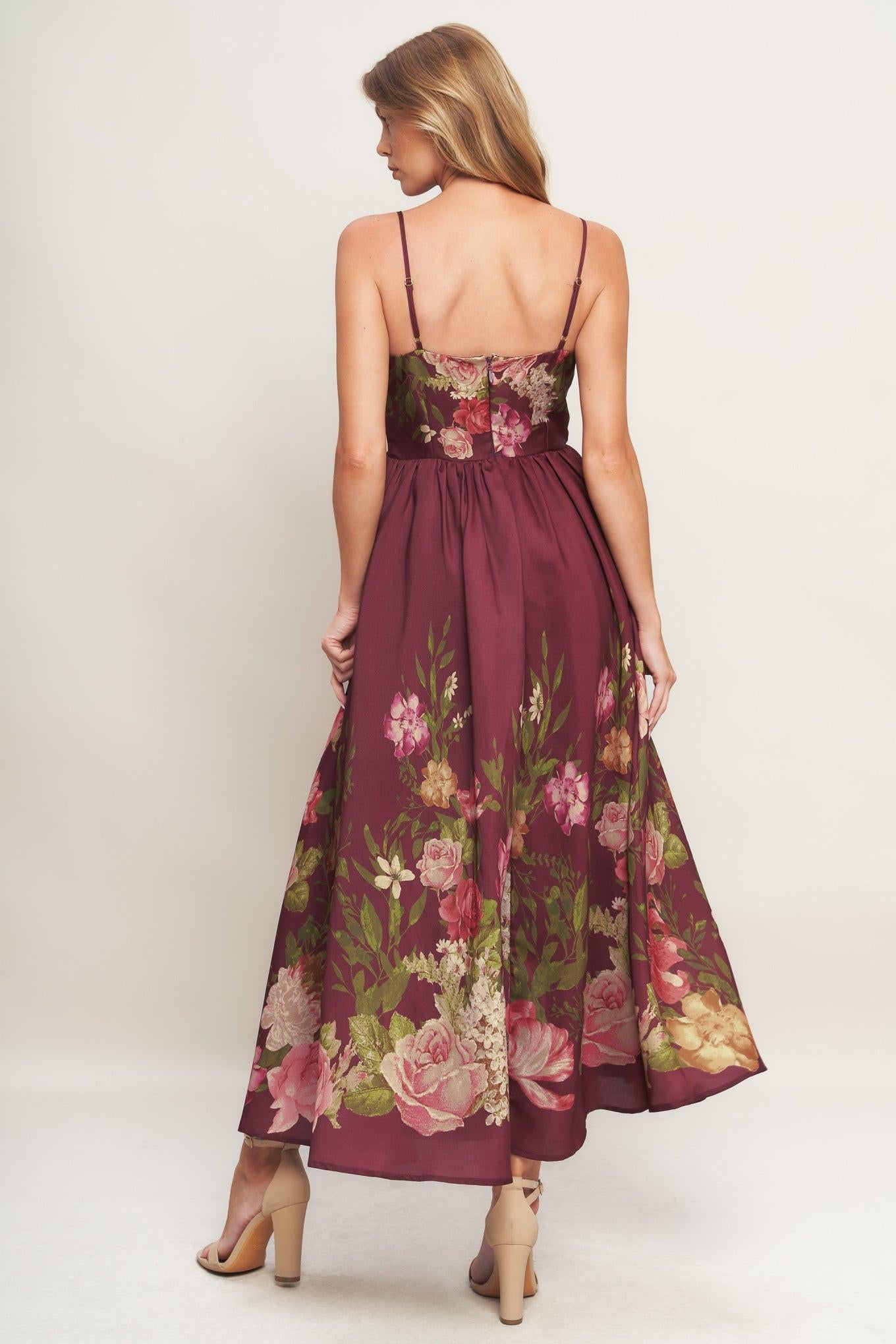 Secret Garden Romance Woven Ankle Dress in burgundy, view 5 — Soul Flow Apparel