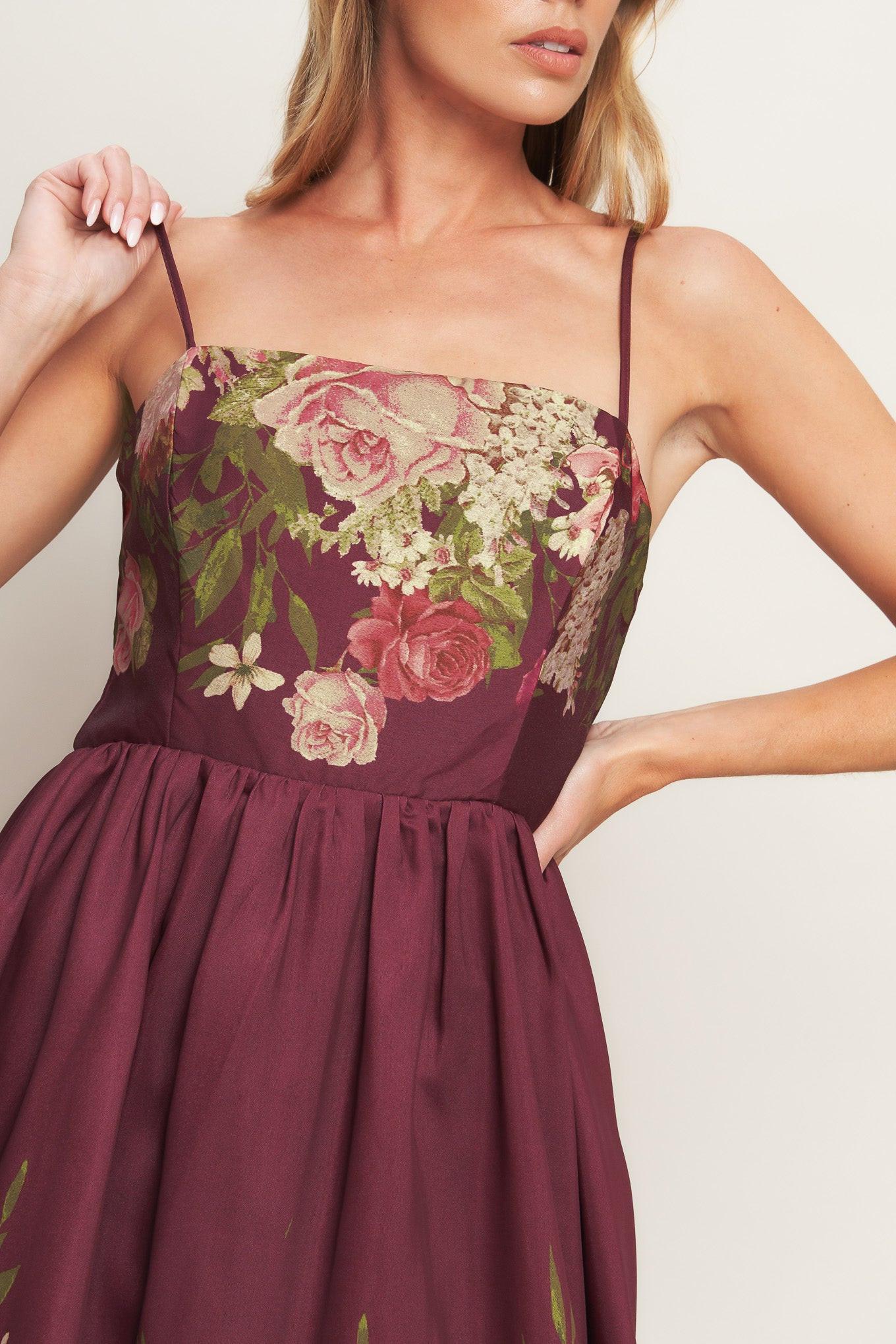 Secret Garden Romance Woven Ankle Dress in burgundy, view 6 — Soul Flow Apparel