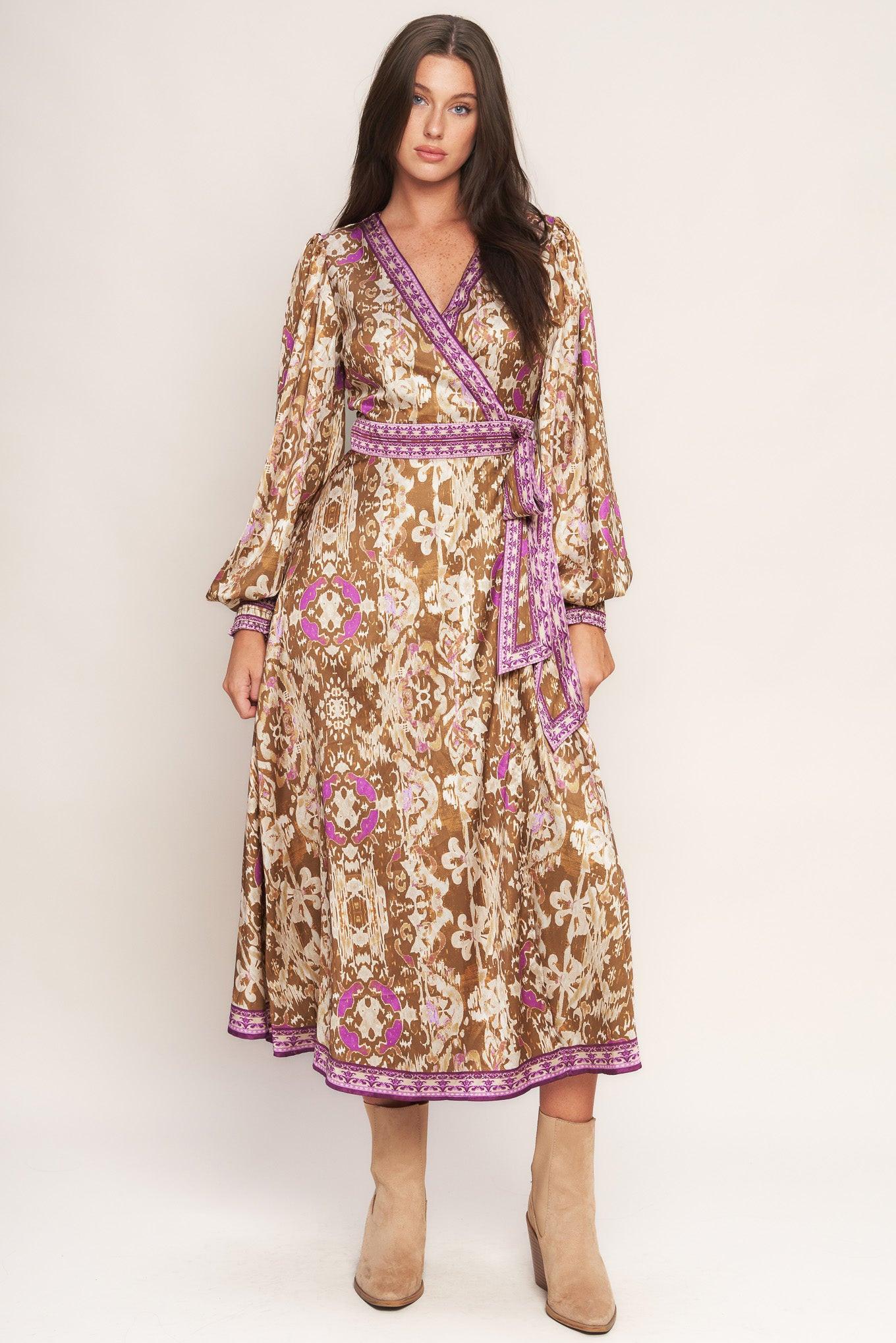 Ikat Bloom Woven Midi True Wrap Dress in brown, view 2 — Soul Flow Apparel