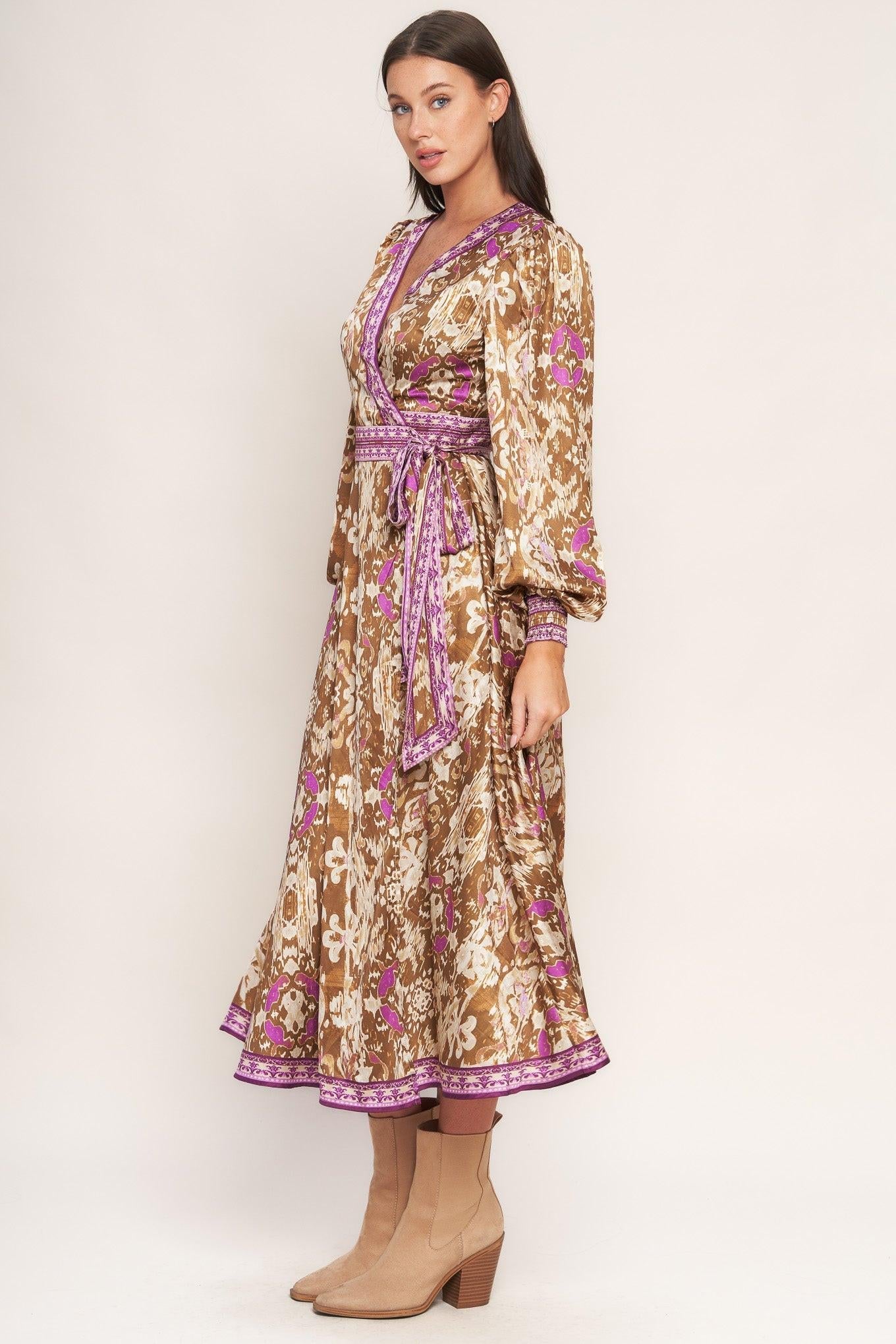 Ikat Bloom Woven Midi True Wrap Dress in brown, view 3 — Soul Flow Apparel