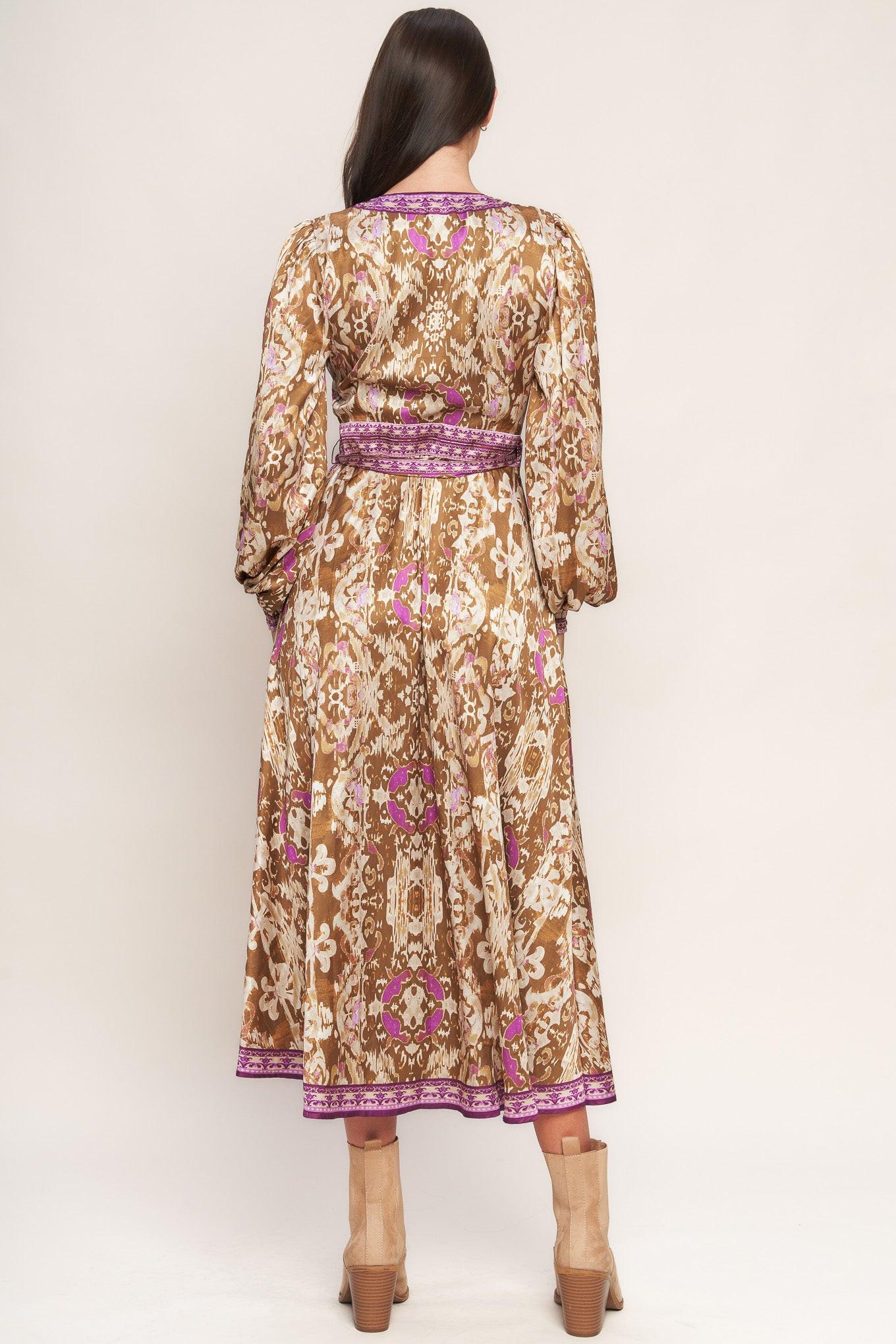 Ikat Bloom Woven Midi True Wrap Dress in brown, view 4 — Soul Flow Apparel
