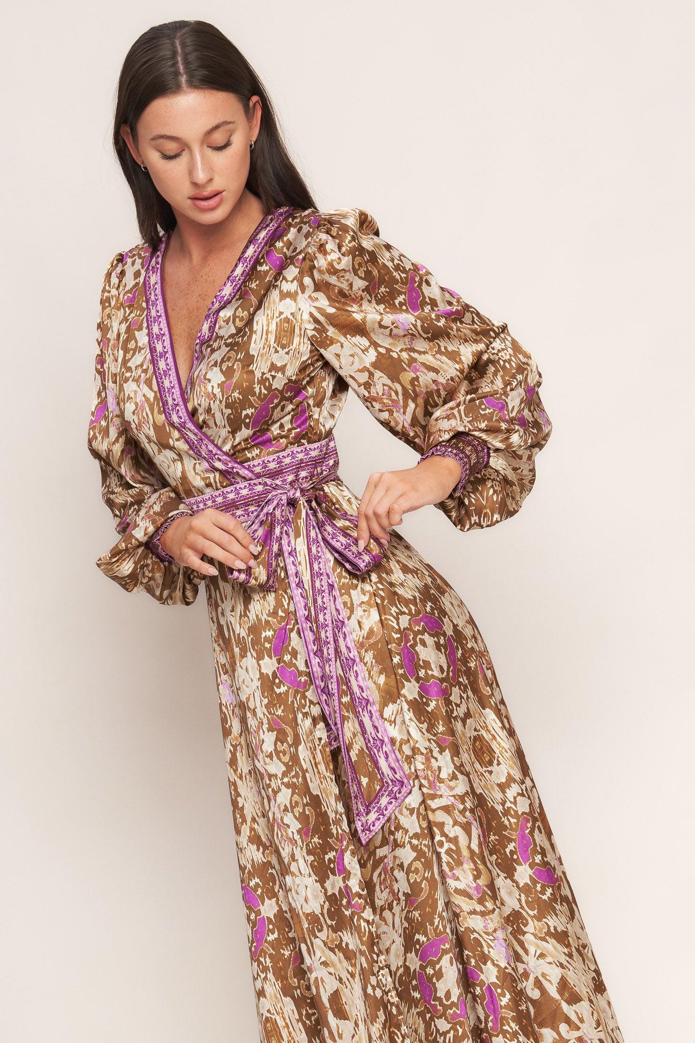 Ikat Bloom Woven Midi True Wrap Dress in brown, view 5 — Soul Flow Apparel