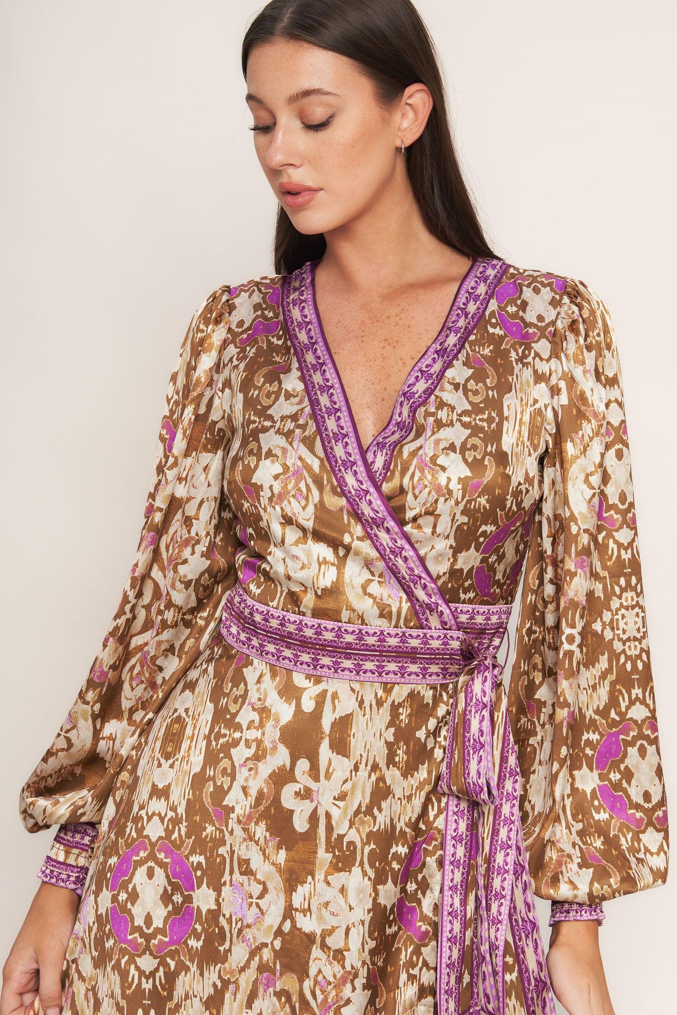 Ikat Bloom Woven Midi True Wrap Dress in brown, view 6 — Soul Flow Apparel