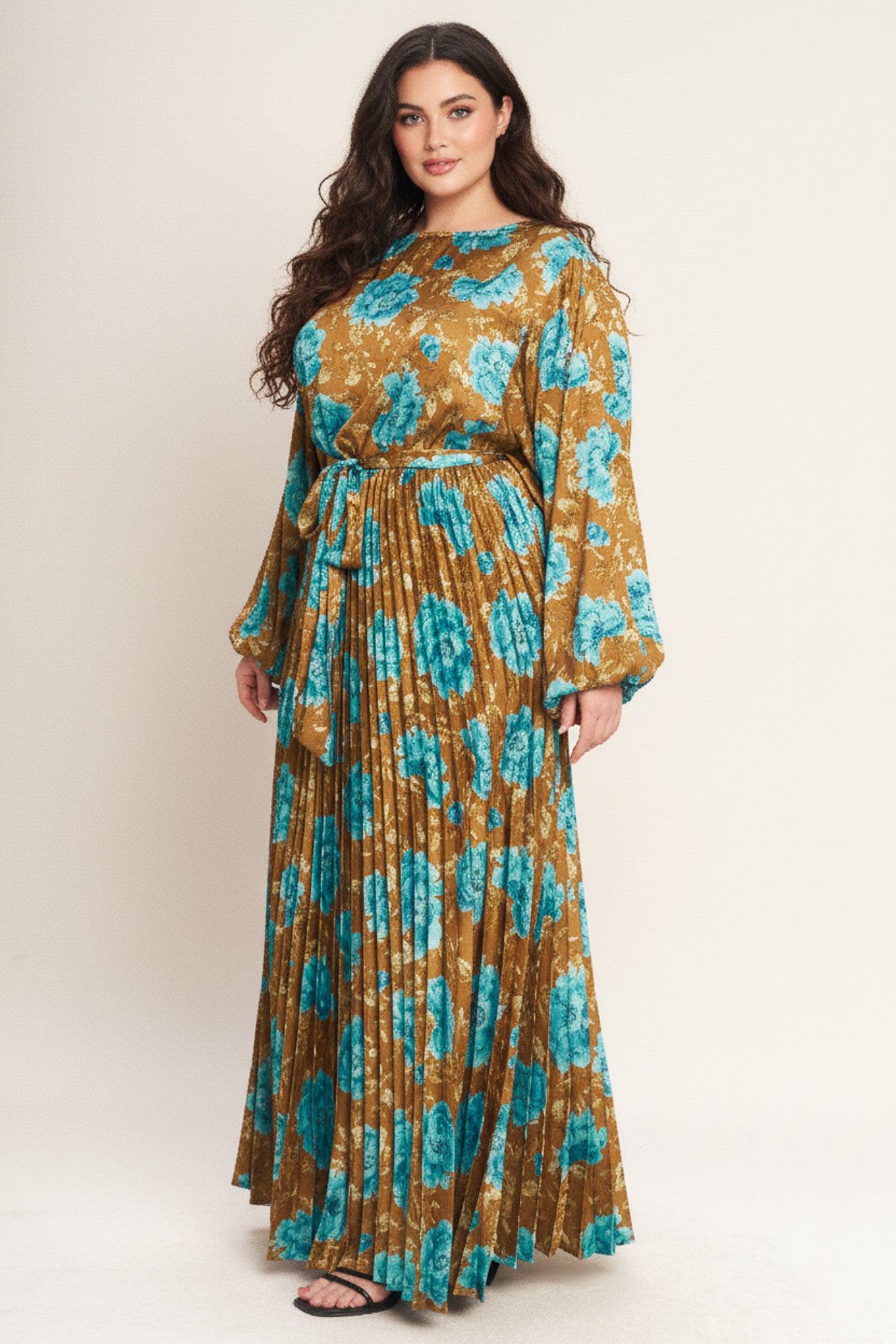 Golden Bloom Luxe Woven Satin Maxi Dress in dijon, view 5 — Soul Flow Apparel