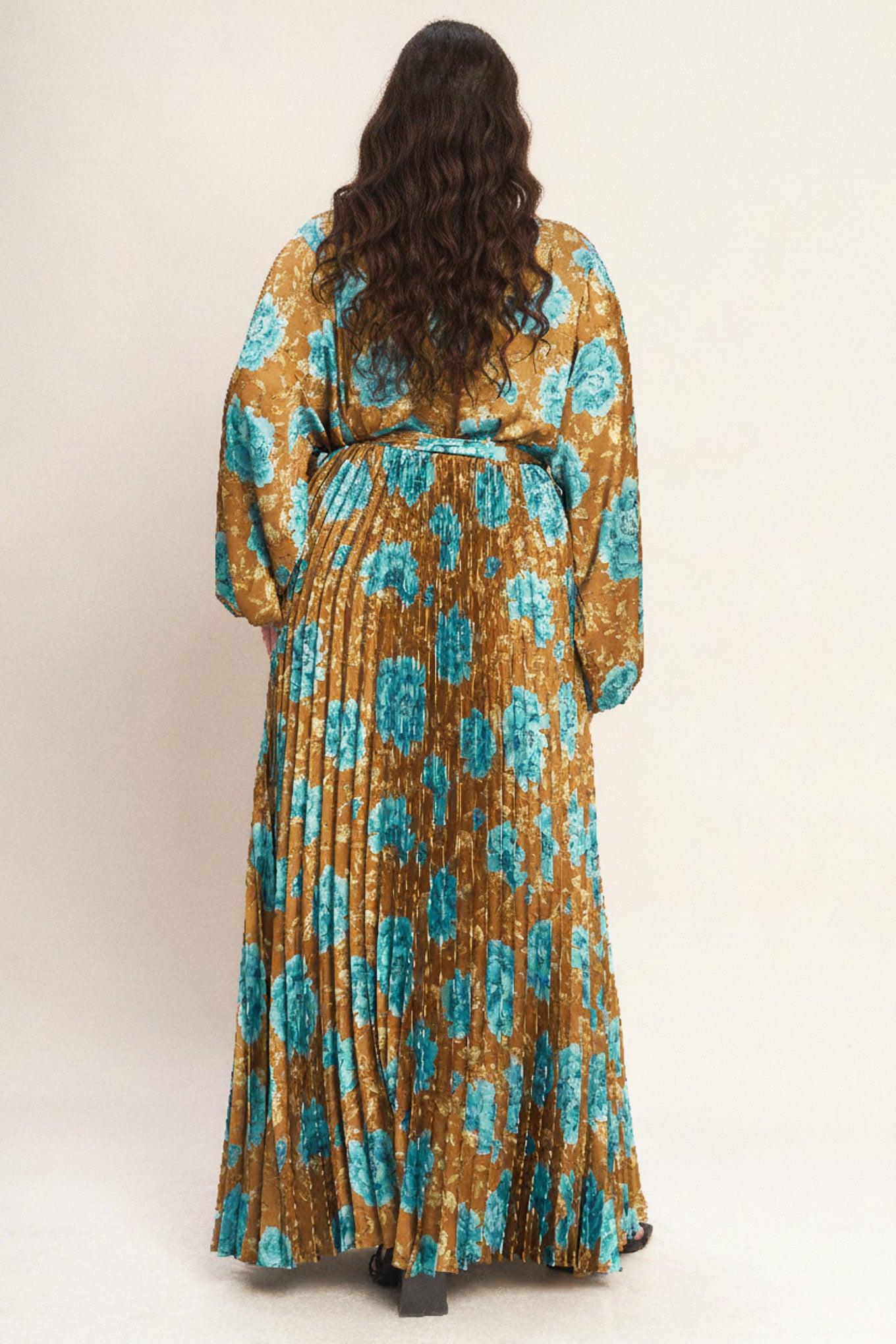 Golden Bloom Luxe Woven Satin Maxi Dress in dijon, view 7 — Soul Flow Apparel