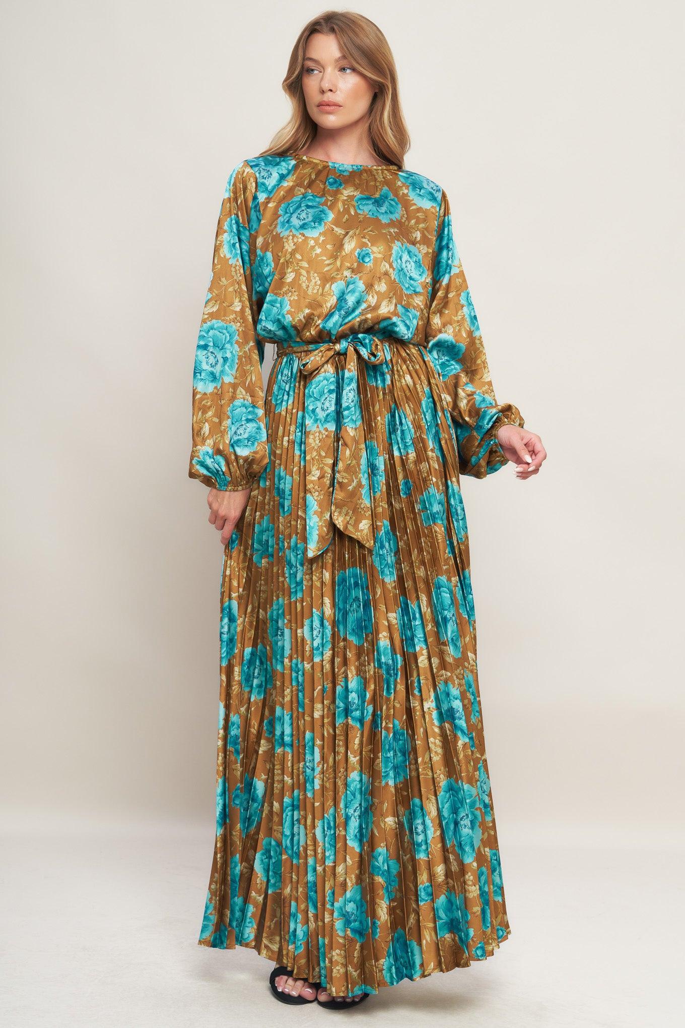 Golden Bloom Luxe Woven Satin Maxi Dress in dijon, view 1 — Soul Flow Apparel