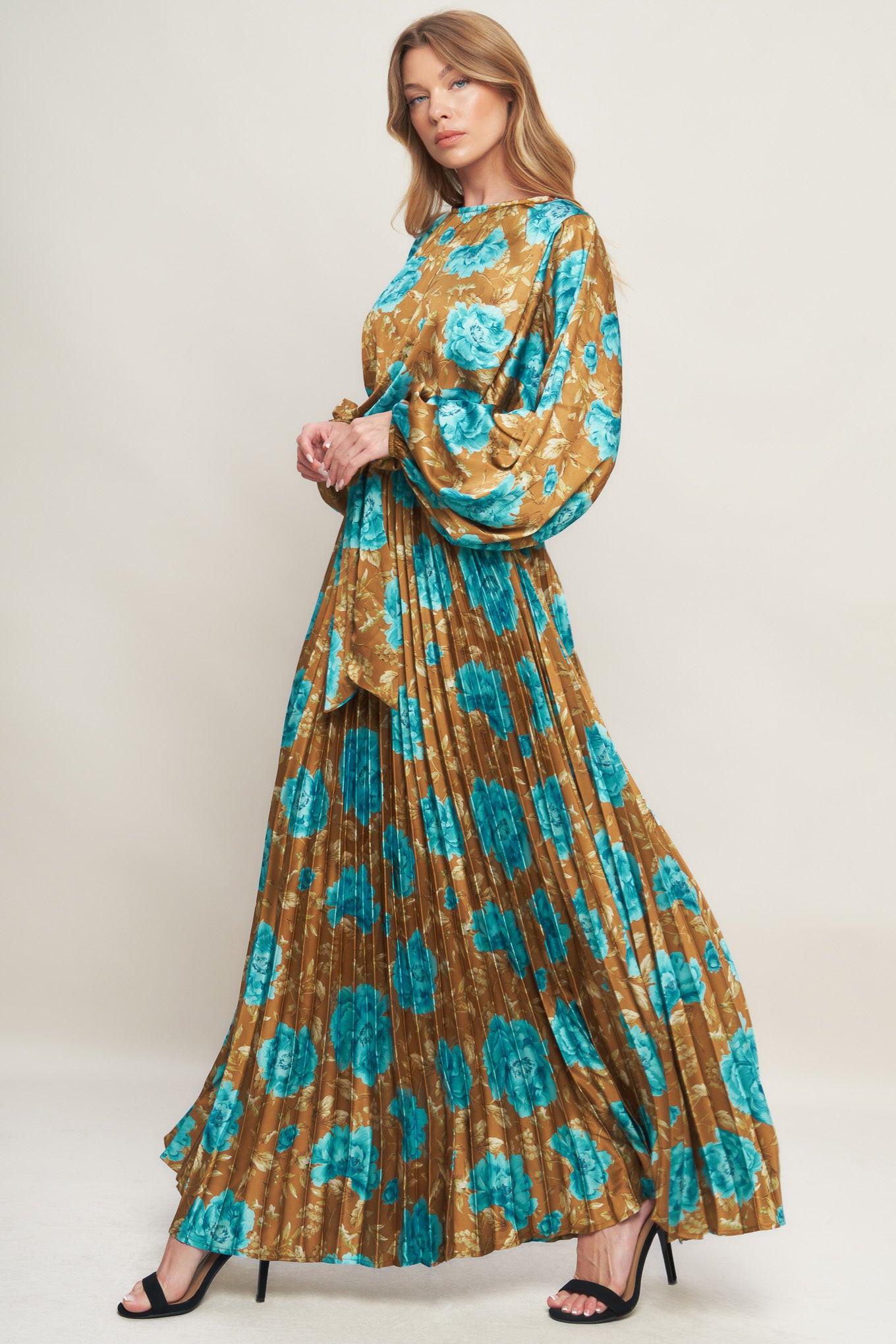 Golden Bloom Luxe Woven Satin Maxi Dress in dijon, view 3 — Soul Flow Apparel