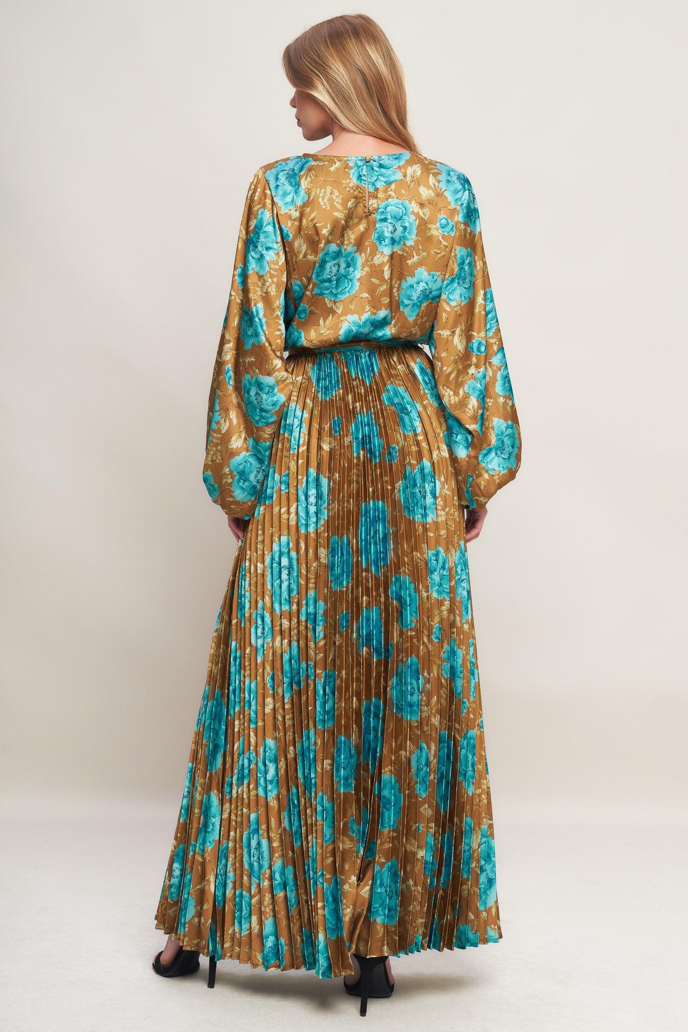 Golden Bloom Luxe Woven Satin Maxi Dress in dijon, view 4 — Soul Flow Apparel