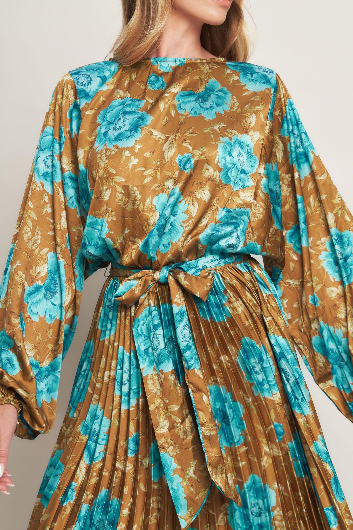 Golden Bloom Luxe Woven Satin Maxi Dress in dijon, view 6 — Soul Flow Apparel