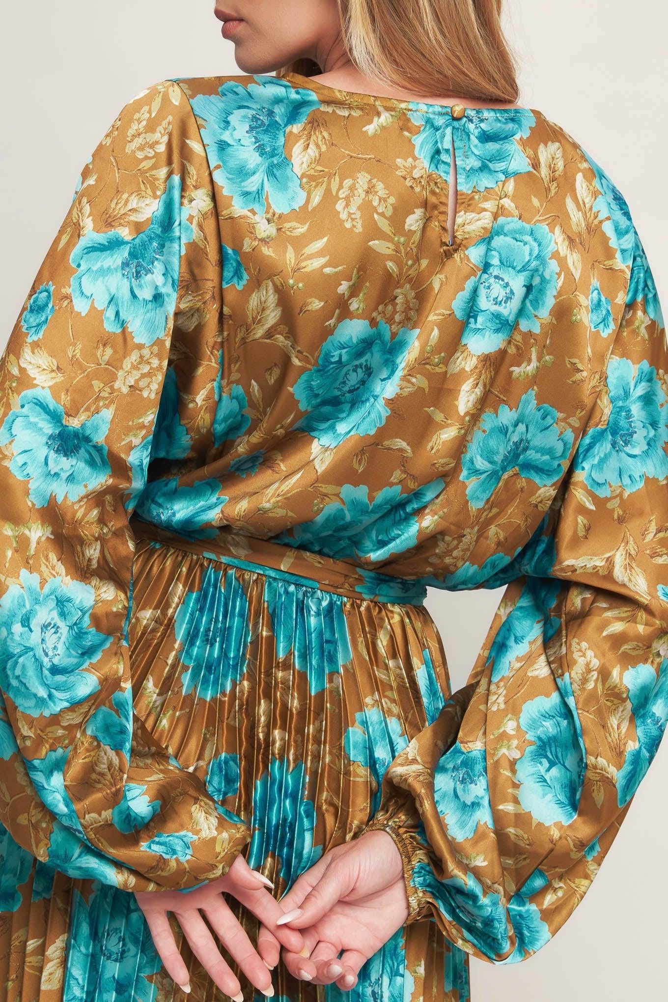 Golden Bloom Luxe Woven Satin Maxi Dress in dijon, view 7 — Soul Flow Apparel