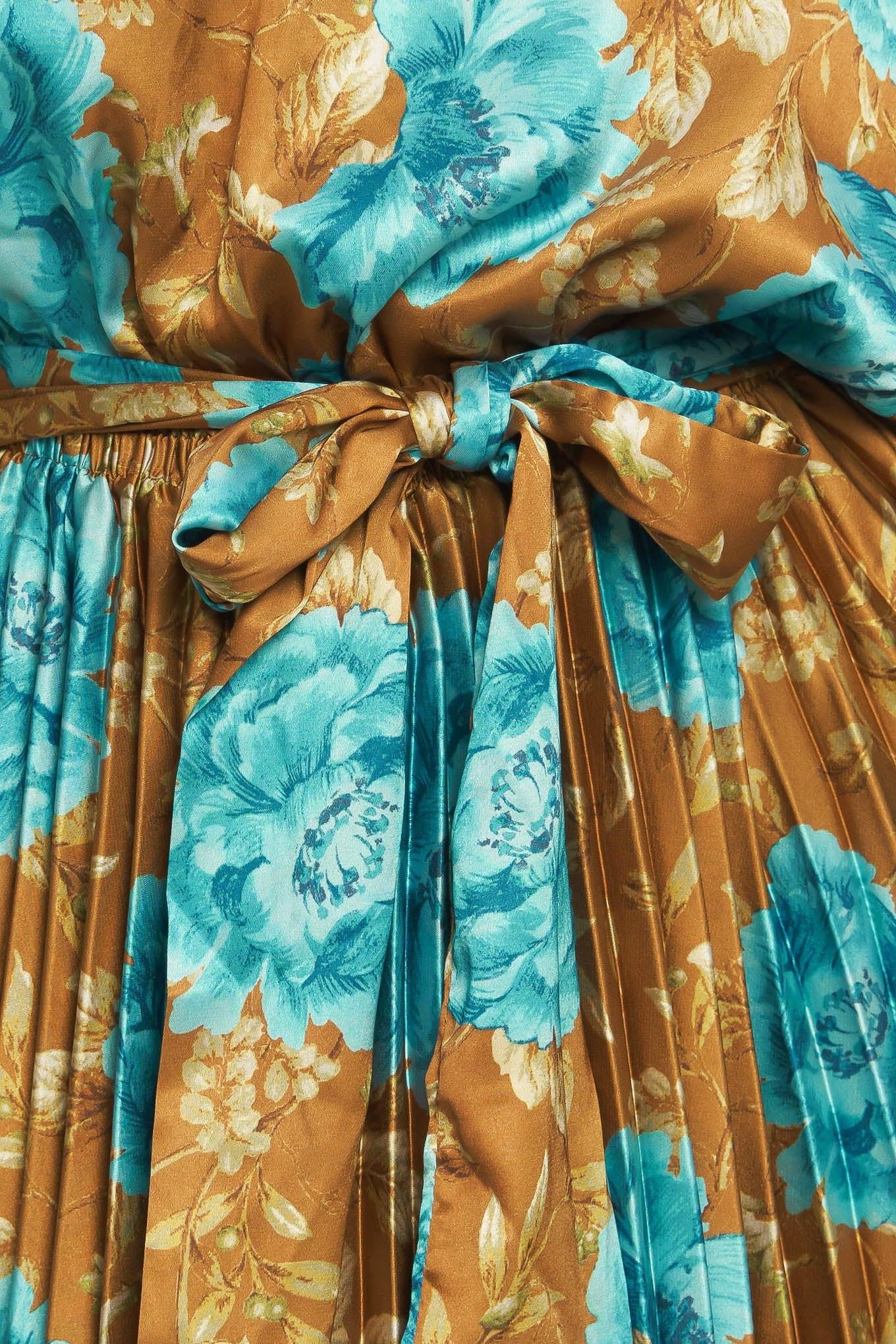 Golden Bloom Luxe Woven Satin Maxi Dress in dijon, fabric swatch — Soul Flow Apparel