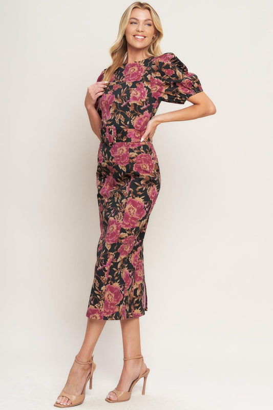Gothic Rose Woven Midi Dress in black, view 4 — Soul Flow Apparel