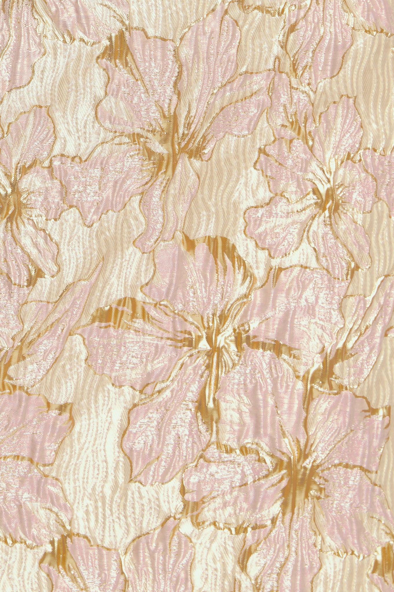 Lumière Blossom Woven Mini Dress in gold pink, fabric swatch — Soul Flow Apparel