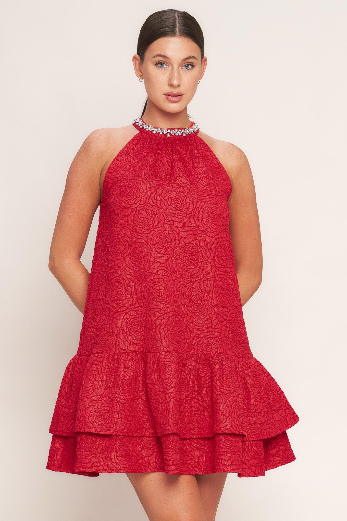 Sparkle & Swirl Woven Mini Dress in red, view 1 — Soul Flow Apparel