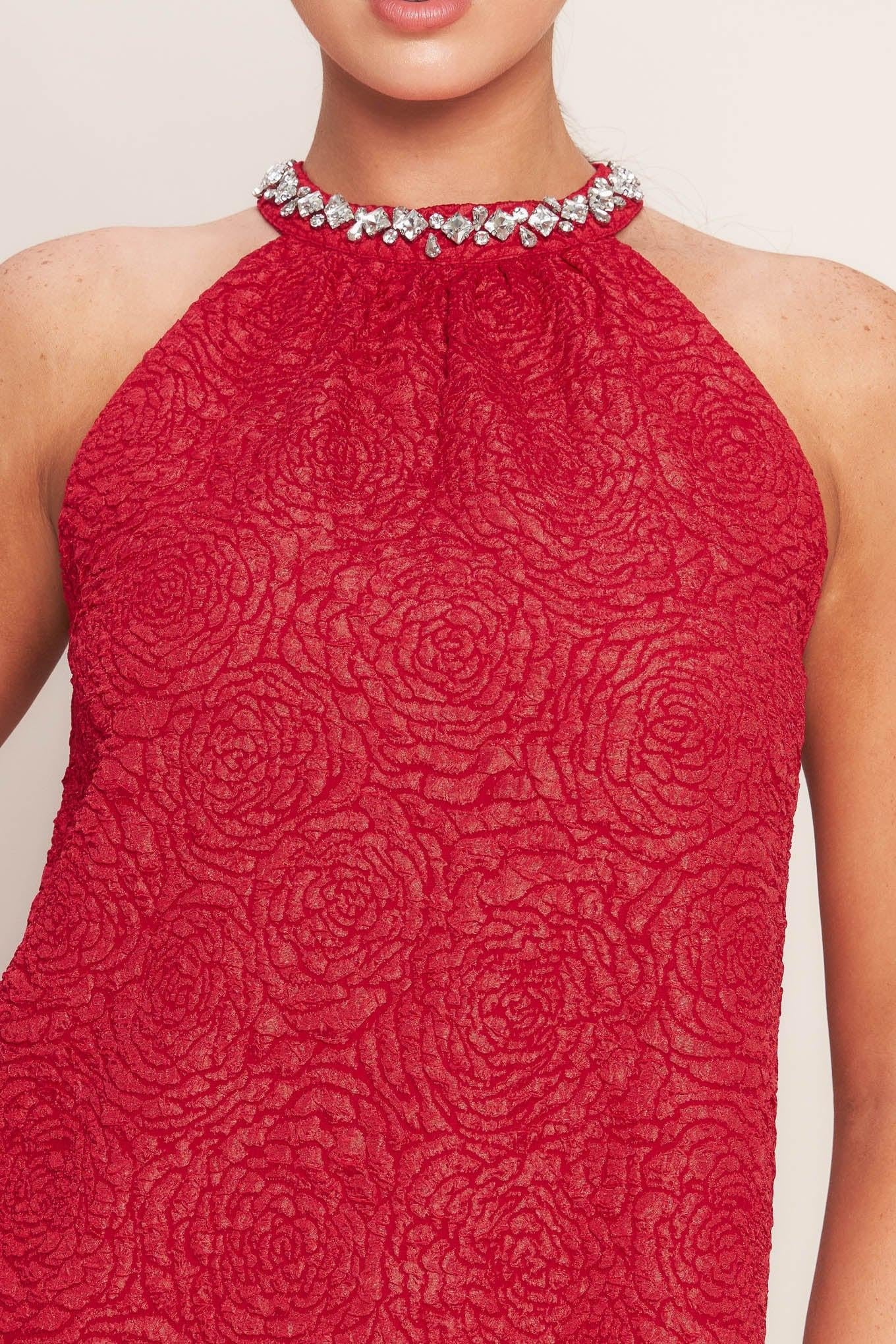 Sparkle & Swirl Woven Mini Dress in red, view 7 — Soul Flow Apparel