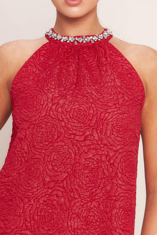 Sparkle & Swirl Woven Mini Dress in red, view 7 — Soul Flow Apparel