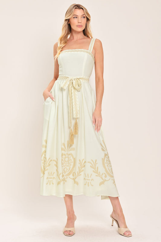 Moonlit Garden Woven Midi Dress in ivory, view 1 — Soul Flow Apparel