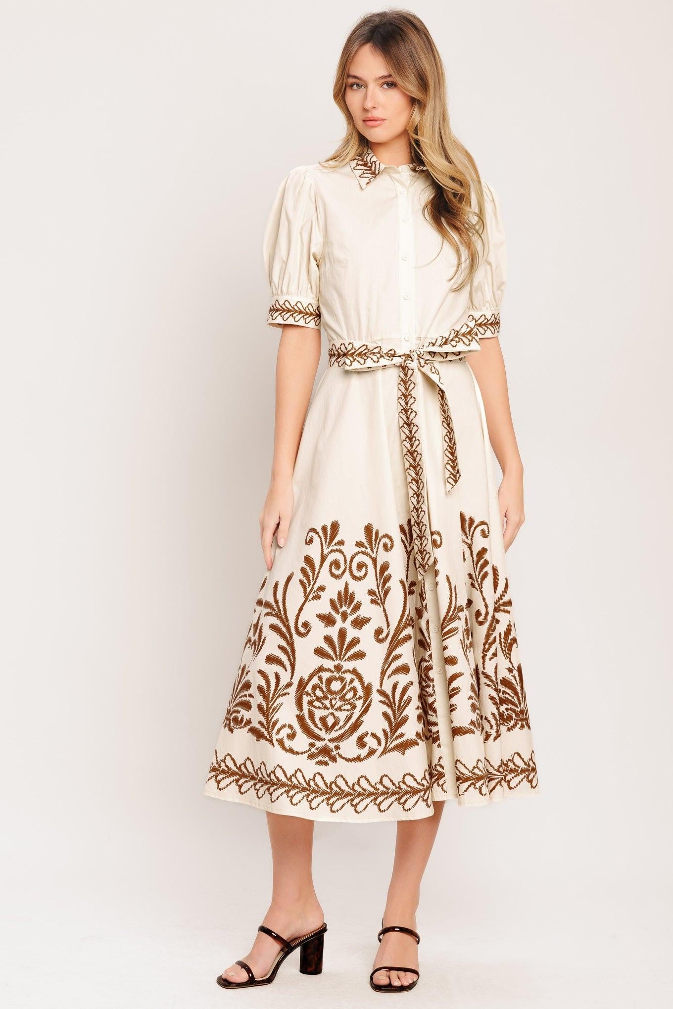 Romantic Heirloom Woven Midi Dress in beige, view 1 — Soul Flow Apparel