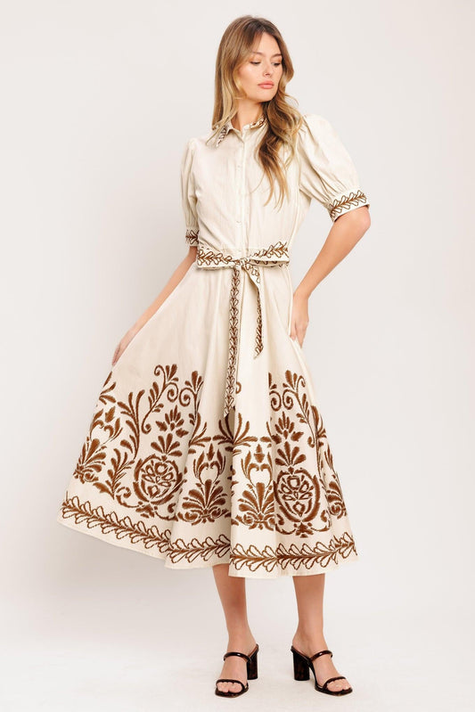 Romantic Heirloom Woven Midi Dress in beige, view 2 — Soul Flow Apparel