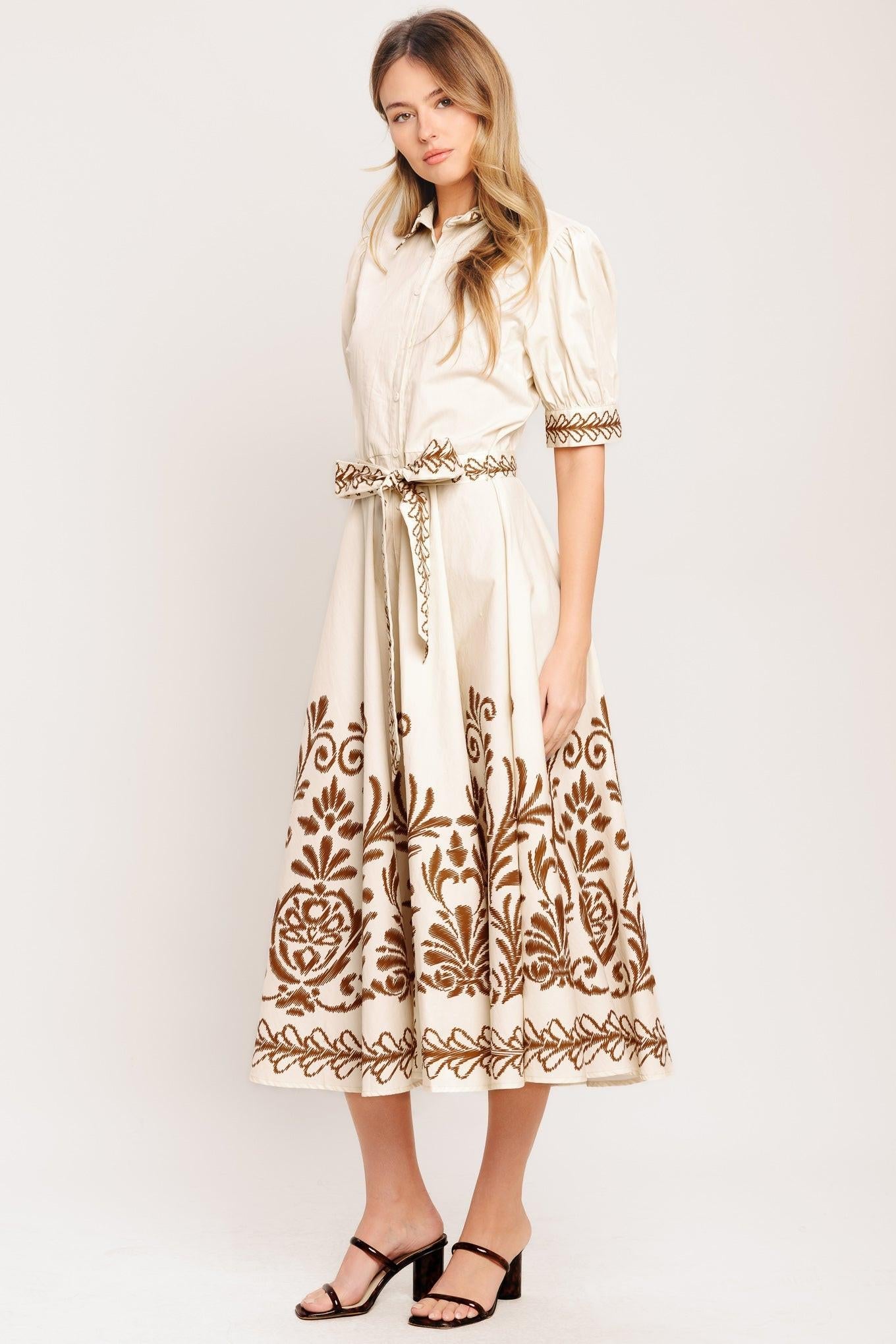 Romantic Heirloom Woven Midi Dress in beige, view 4 — Soul Flow Apparel