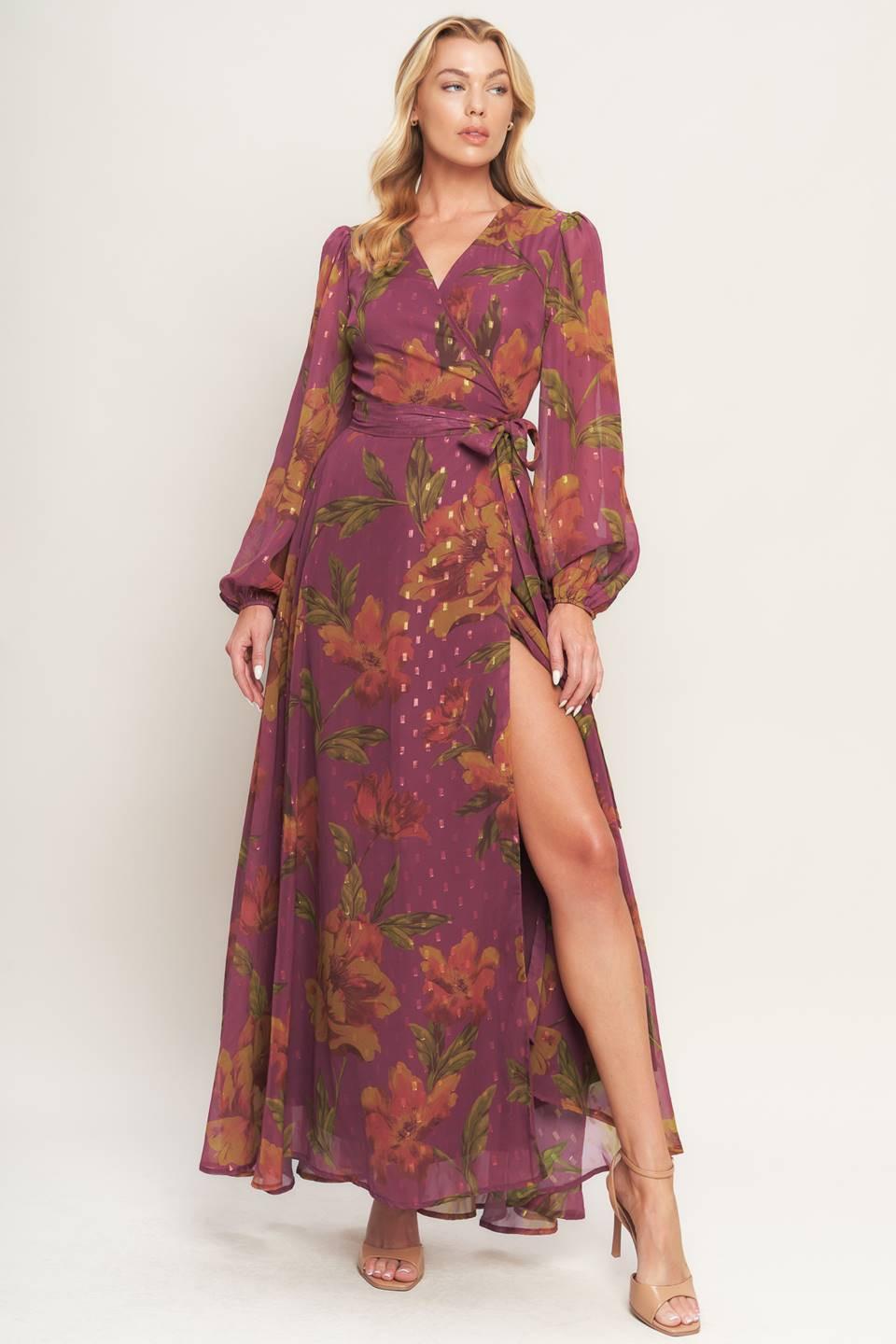 Ember Garden Woven Maxi Dress in dark mauve, view 1 — Soul Flow Apparel