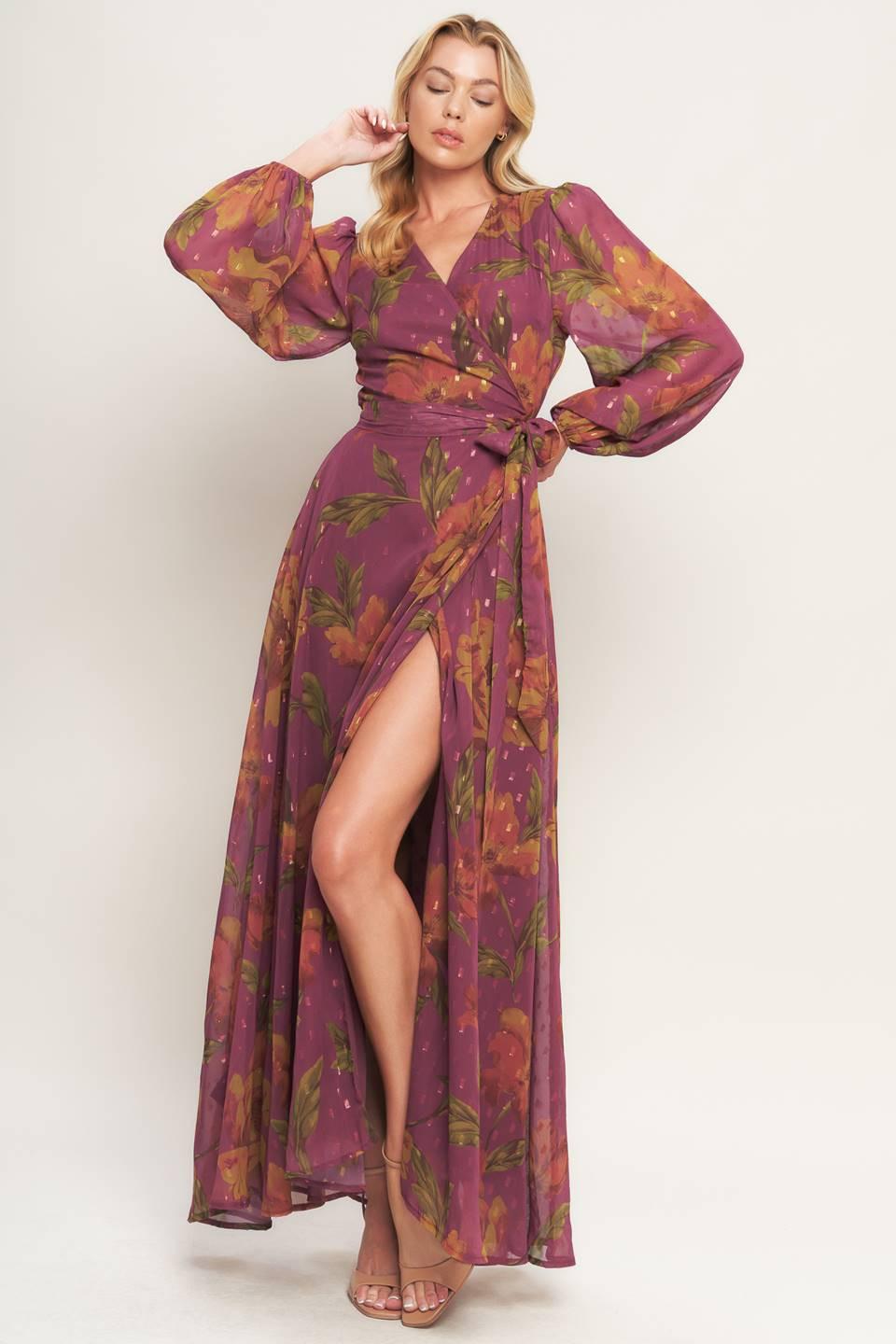 Ember Garden Woven Maxi Dress in dark mauve, view 2 — Soul Flow Apparel