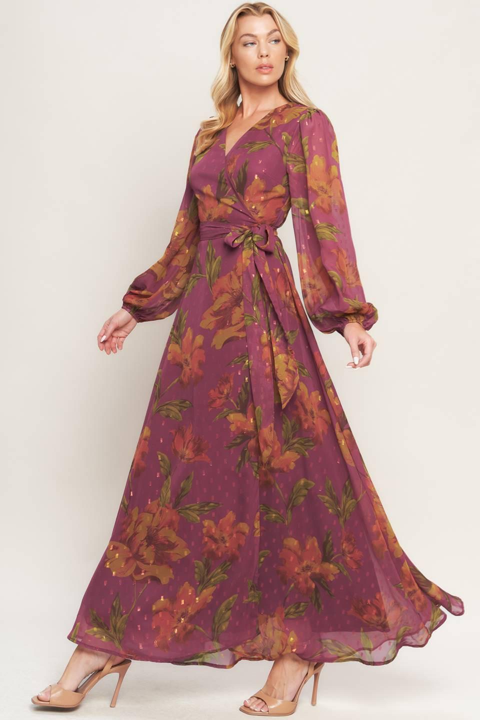 Ember Garden Woven Maxi Dress in dark mauve, view 3 — Soul Flow Apparel
