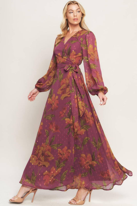 Ember Garden Woven Maxi Dress in dark mauve, view 3 — Soul Flow Apparel