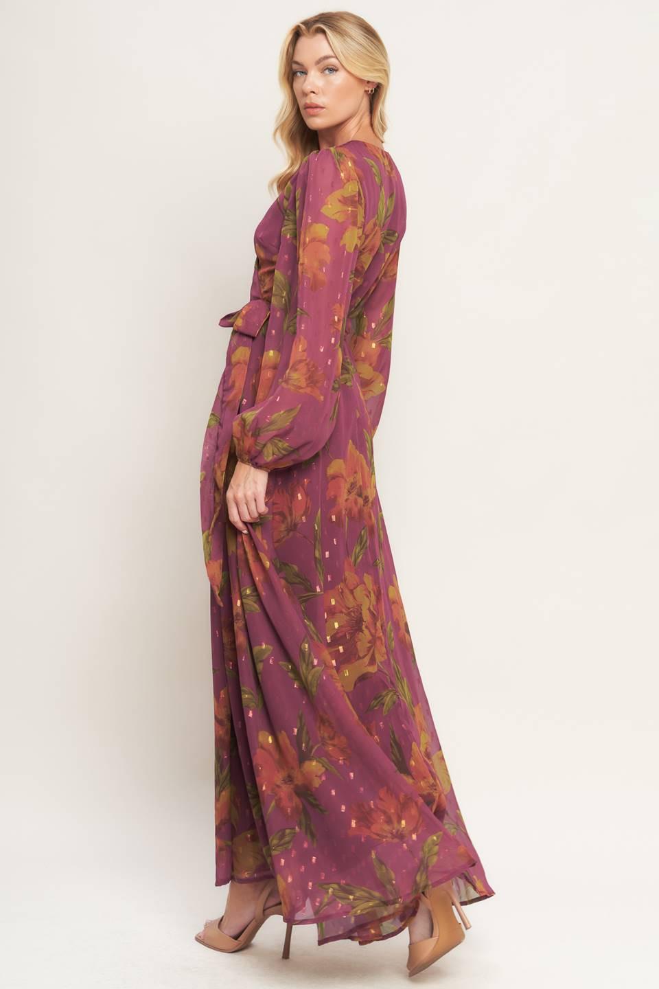 Ember Garden Woven Maxi Dress in dark mauve, view 4 — Soul Flow Apparel