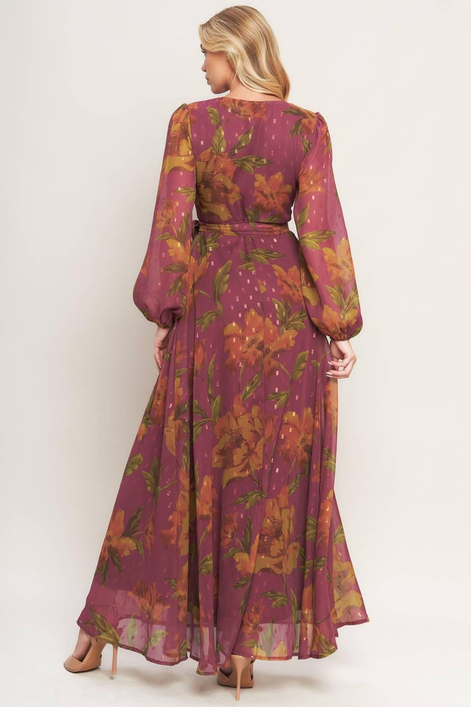 Ember Garden Woven Maxi Dress in dark mauve, view 5 — Soul Flow Apparel