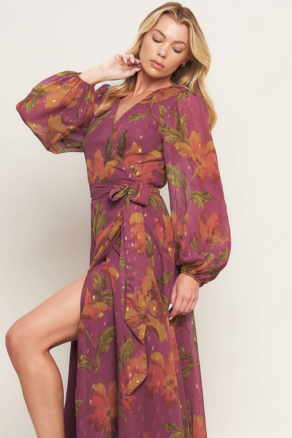 Ember Garden Woven Maxi Dress in dark mauve, view 6 — Soul Flow Apparel