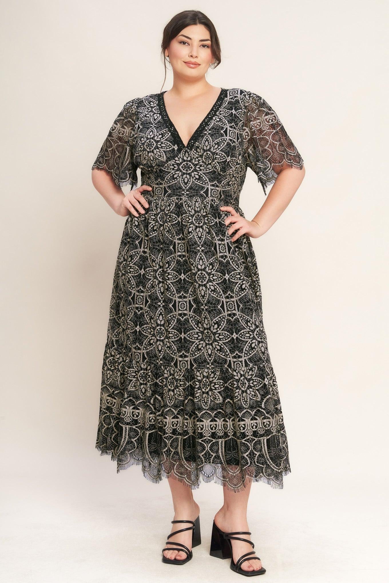Gothic Bloom Woven Lace Midi Dress in black, view 1 — Soul Flow Apparel