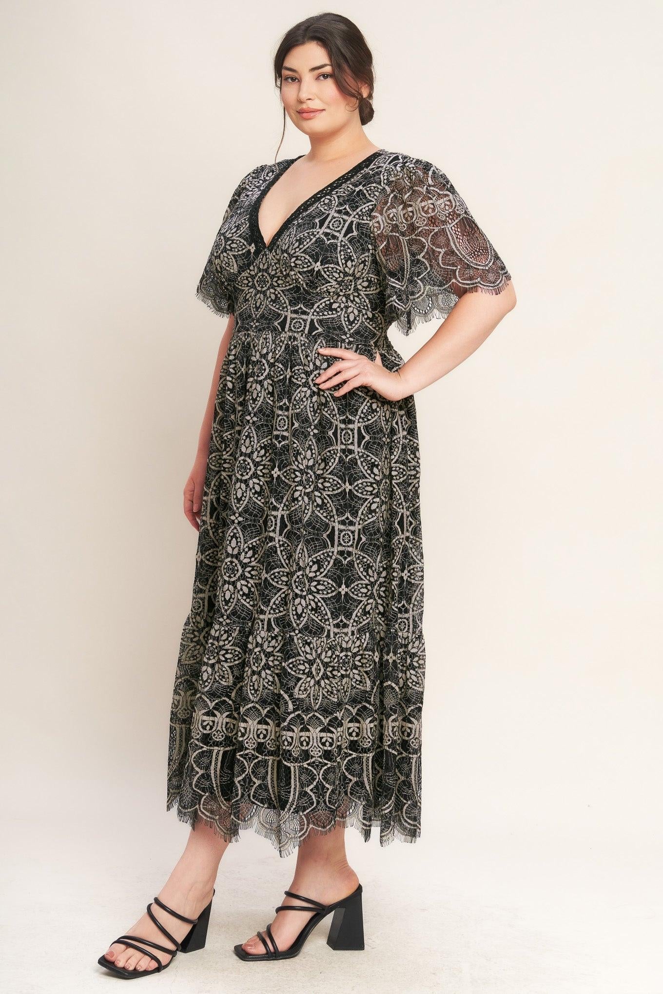 Gothic Bloom Woven Lace Midi Dress in black, view 2 — Soul Flow Apparel