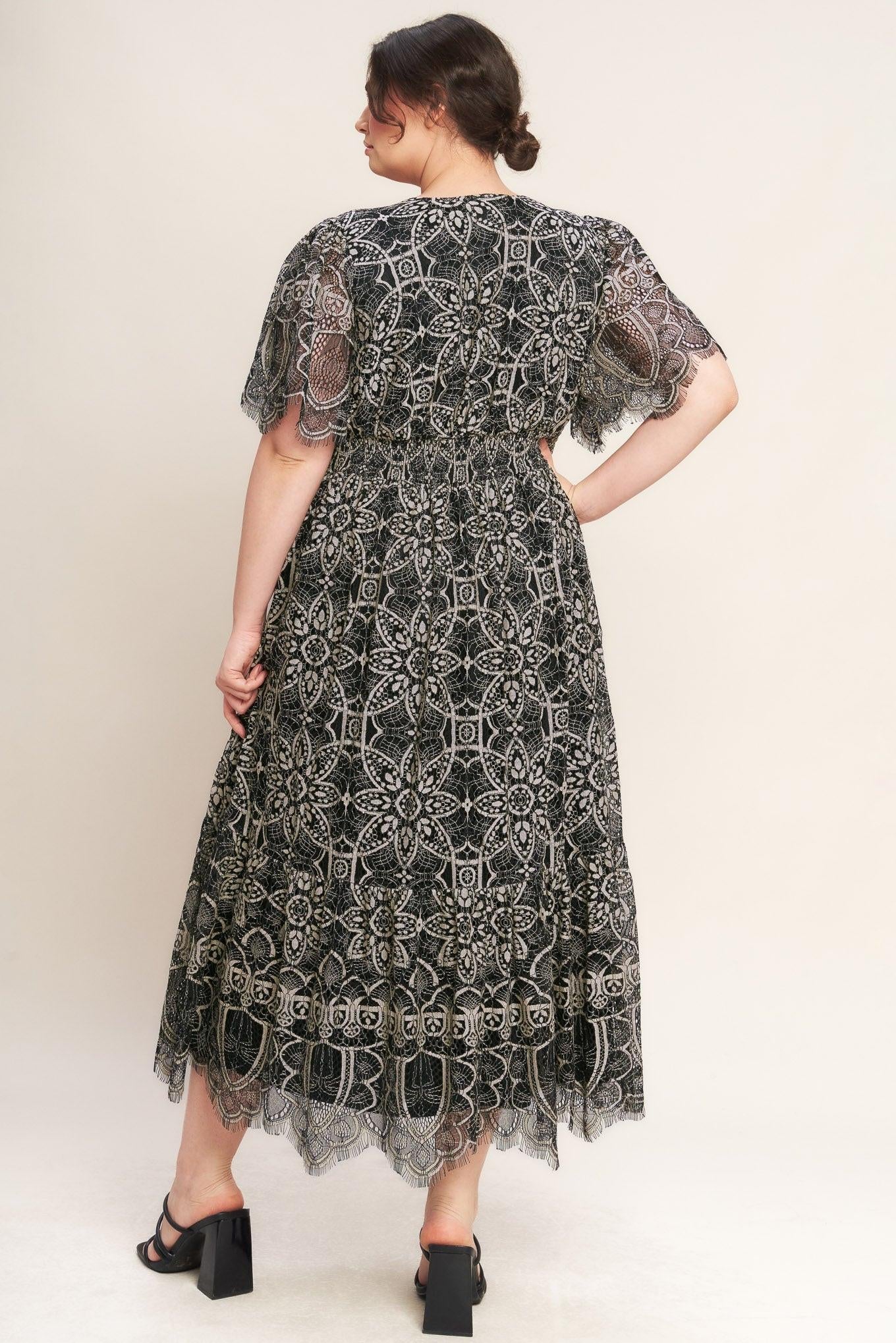 Gothic Bloom Woven Lace Midi Dress in black, view 3 — Soul Flow Apparel