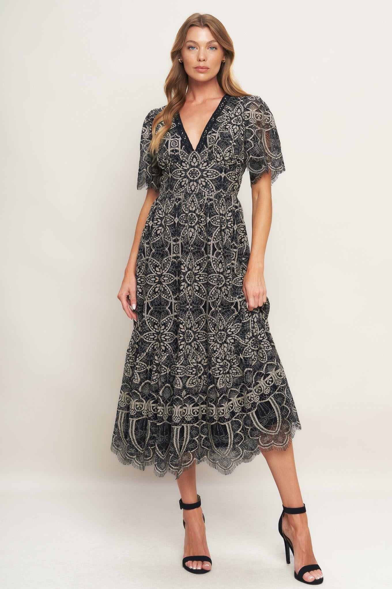 Gothic Bloom Woven Lace Midi Dress in black, view 2 — Soul Flow Apparel