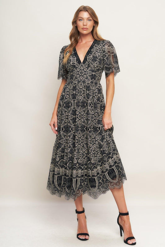Gothic Bloom Woven Lace Midi Dress in black, view 2 — Soul Flow Apparel