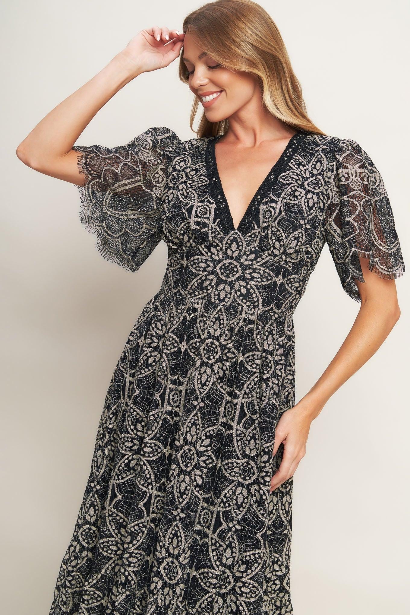 Gothic Bloom Woven Lace Midi Dress in black, view 3 — Soul Flow Apparel