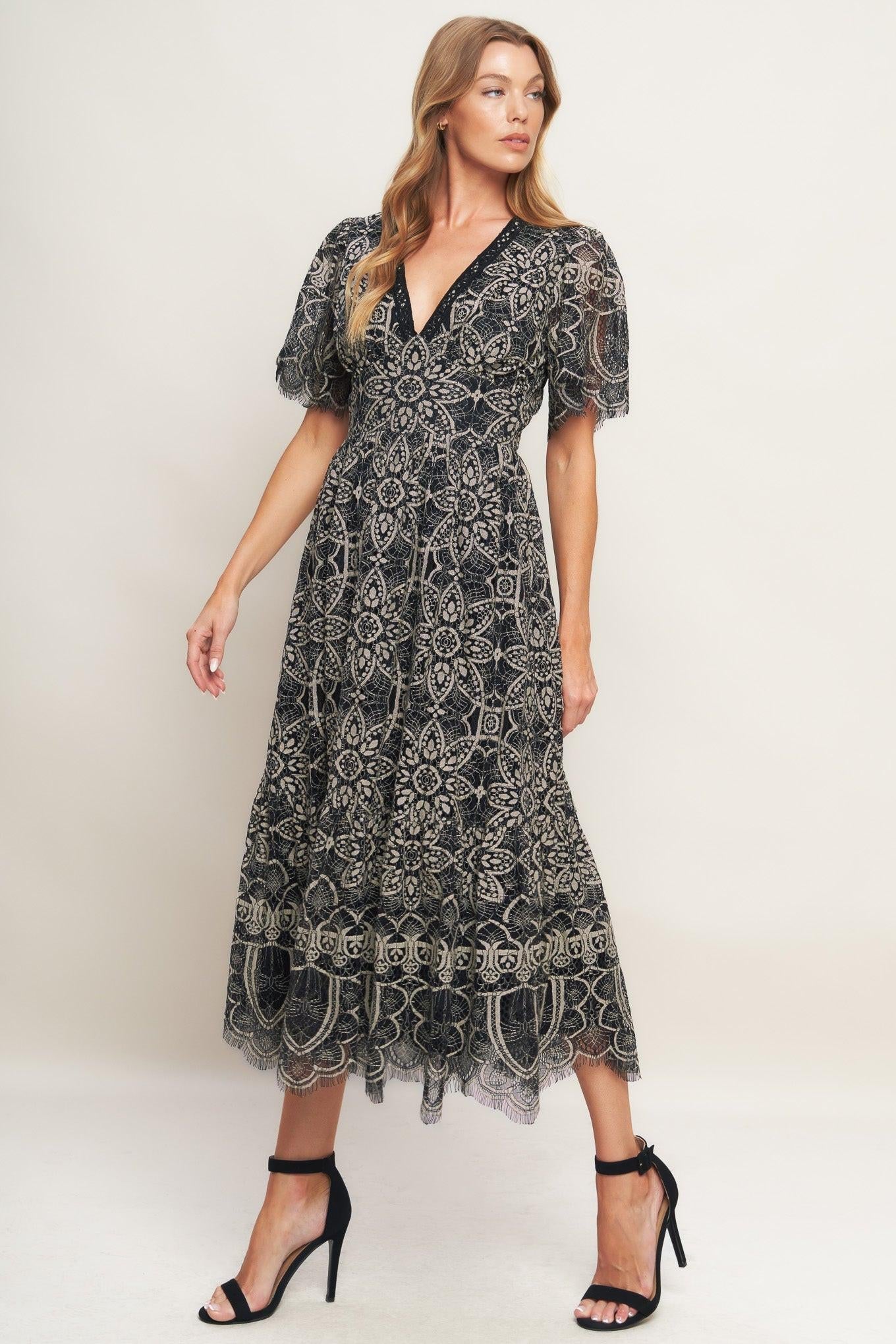 Gothic Bloom Woven Lace Midi Dress in black, view 4 — Soul Flow Apparel