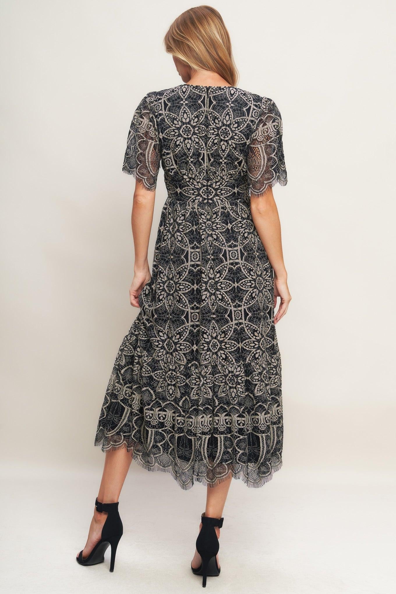 Gothic Bloom Woven Lace Midi Dress in black, view 5 — Soul Flow Apparel