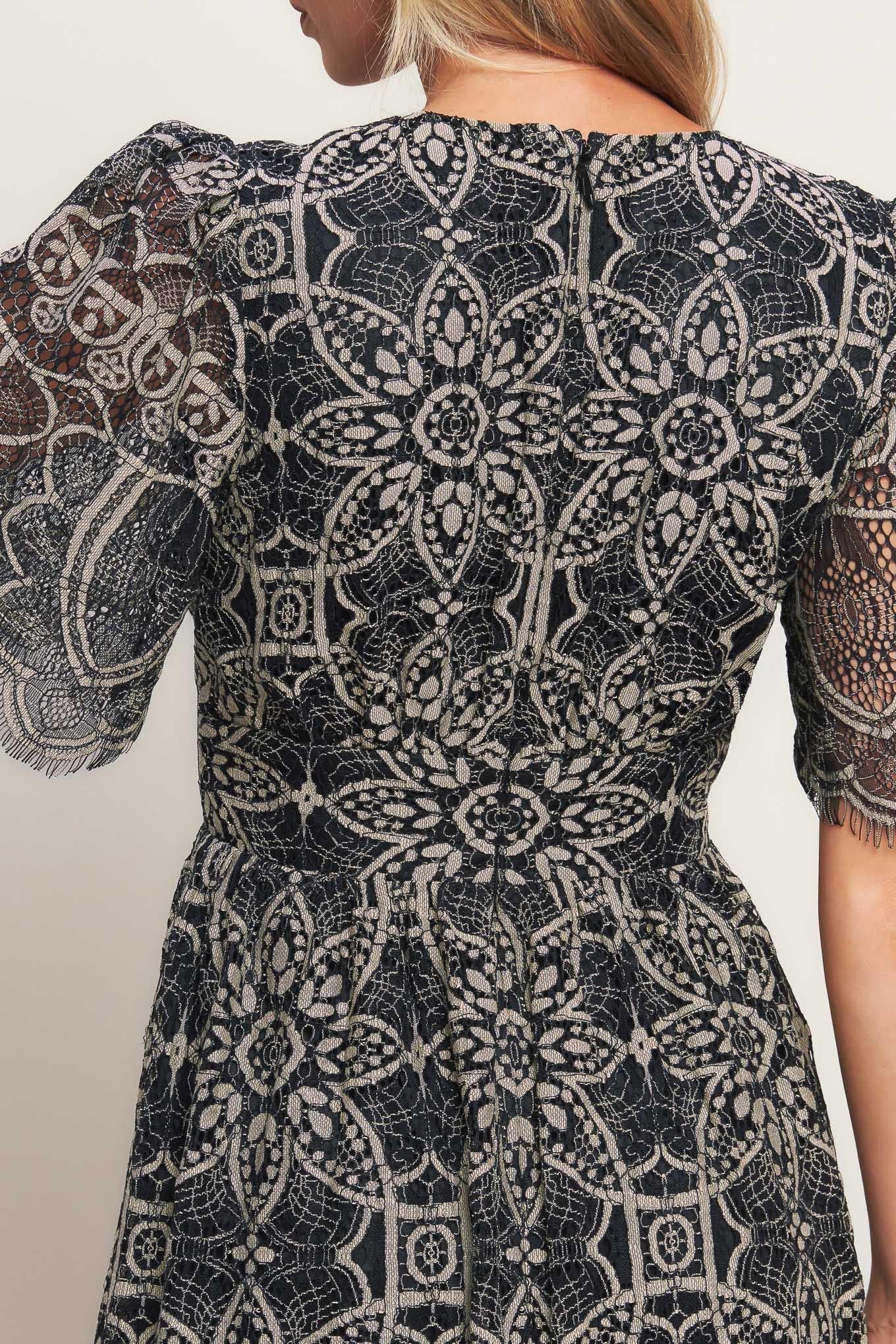 Gothic Bloom Woven Lace Midi Dress in black, view 7 — Soul Flow Apparel
