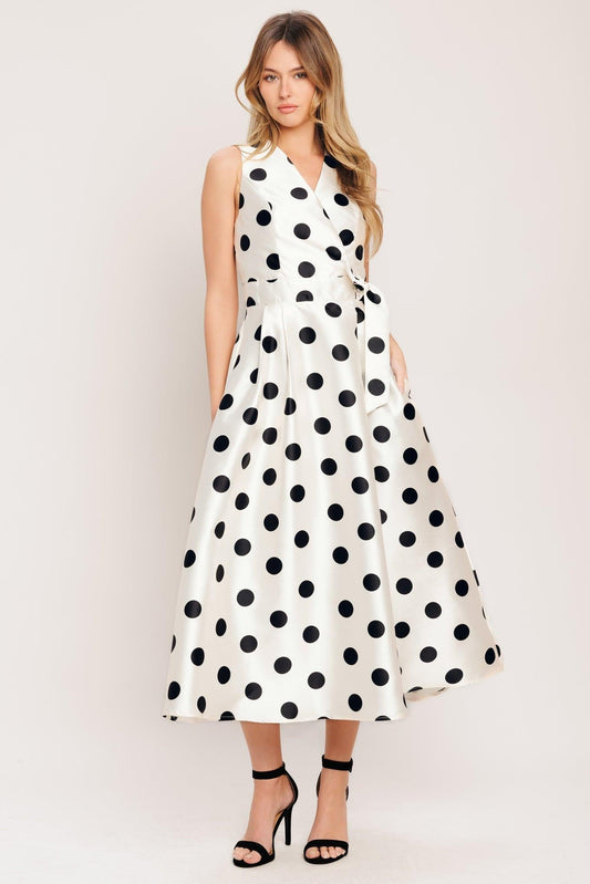 Café Noir Polka Woven Midi Dress in ivory, view 1 — Soul Flow Apparel