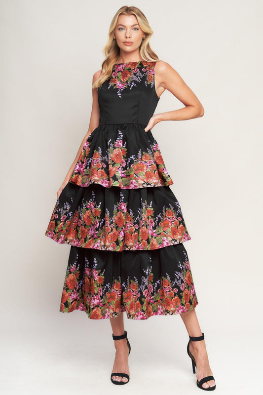 The Botanical Ballgown Woven Midi Dress in black, view 1 — Soul Flow Apparel