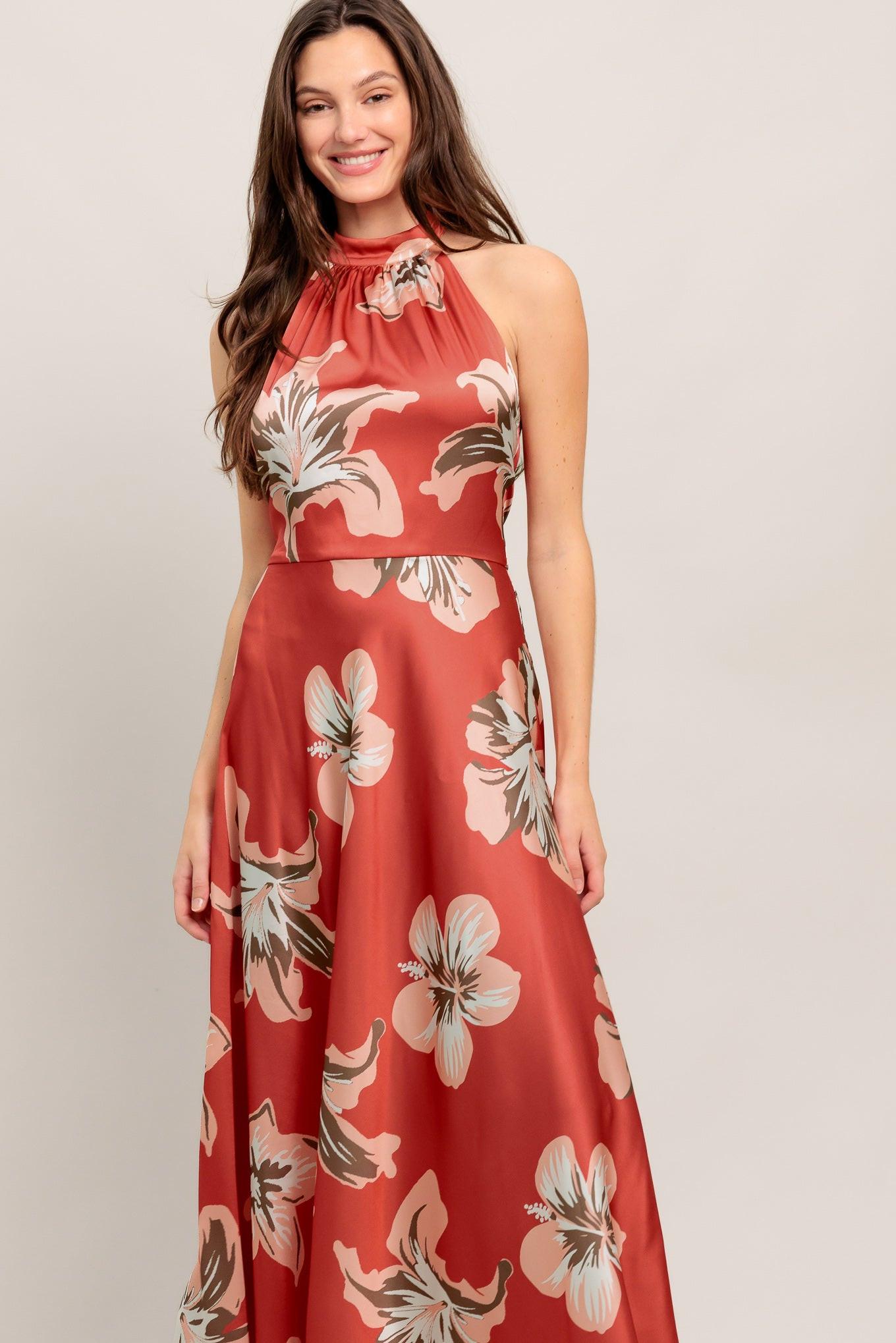 Can’t Look Away Woven Midi Dress in coral red, view 1 — Soul Flow Apparel