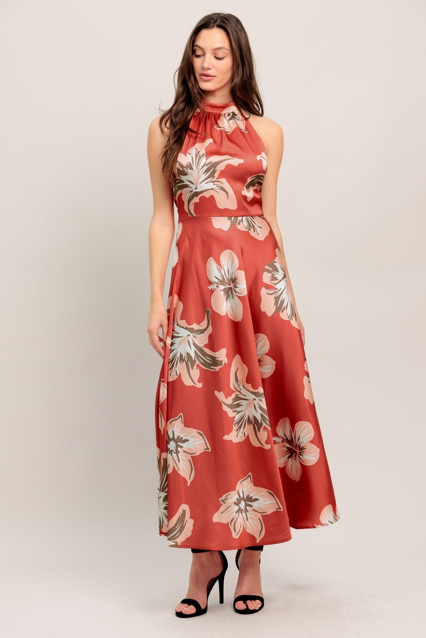 Can’t Look Away Woven Midi Dress in coral red, view 2 — Soul Flow Apparel